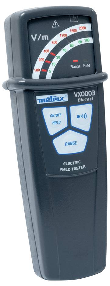 Elektrický tester pole s indikací naměřených hodnot ve V/m, tlačítky 'ZAP/VYP', 'PODRŽET' a 'ROZSAH' a číslem modelu VX0003.