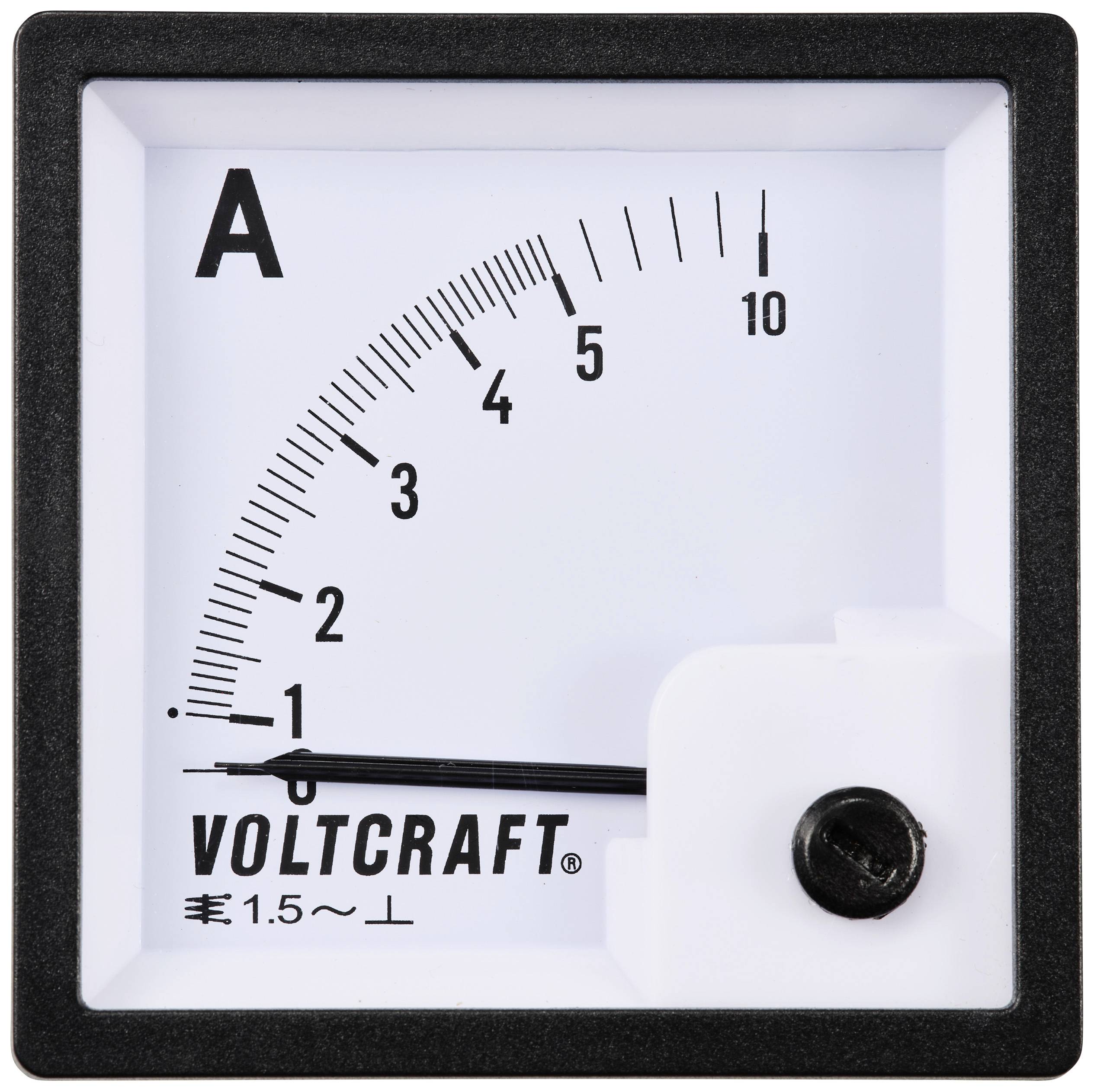Analogový ampérmetr s logem Voltcraft ukazuje proudovou hodnotu 0,1 A. Stupnice sahá od 0 do 10 A.