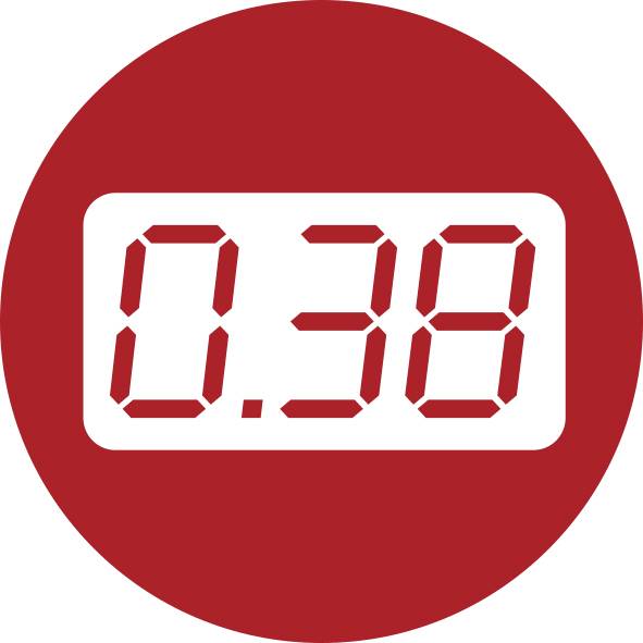Červený kruhový znak zobrazující digitální číslo '0.38' v bílém zaoblenému obdélníku.