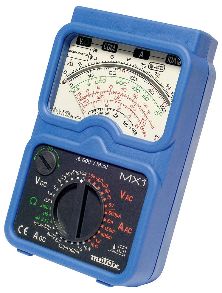 Analogový modrý multimetr model MX1 se stupnicí pro měření napětí, proudu a odporu.