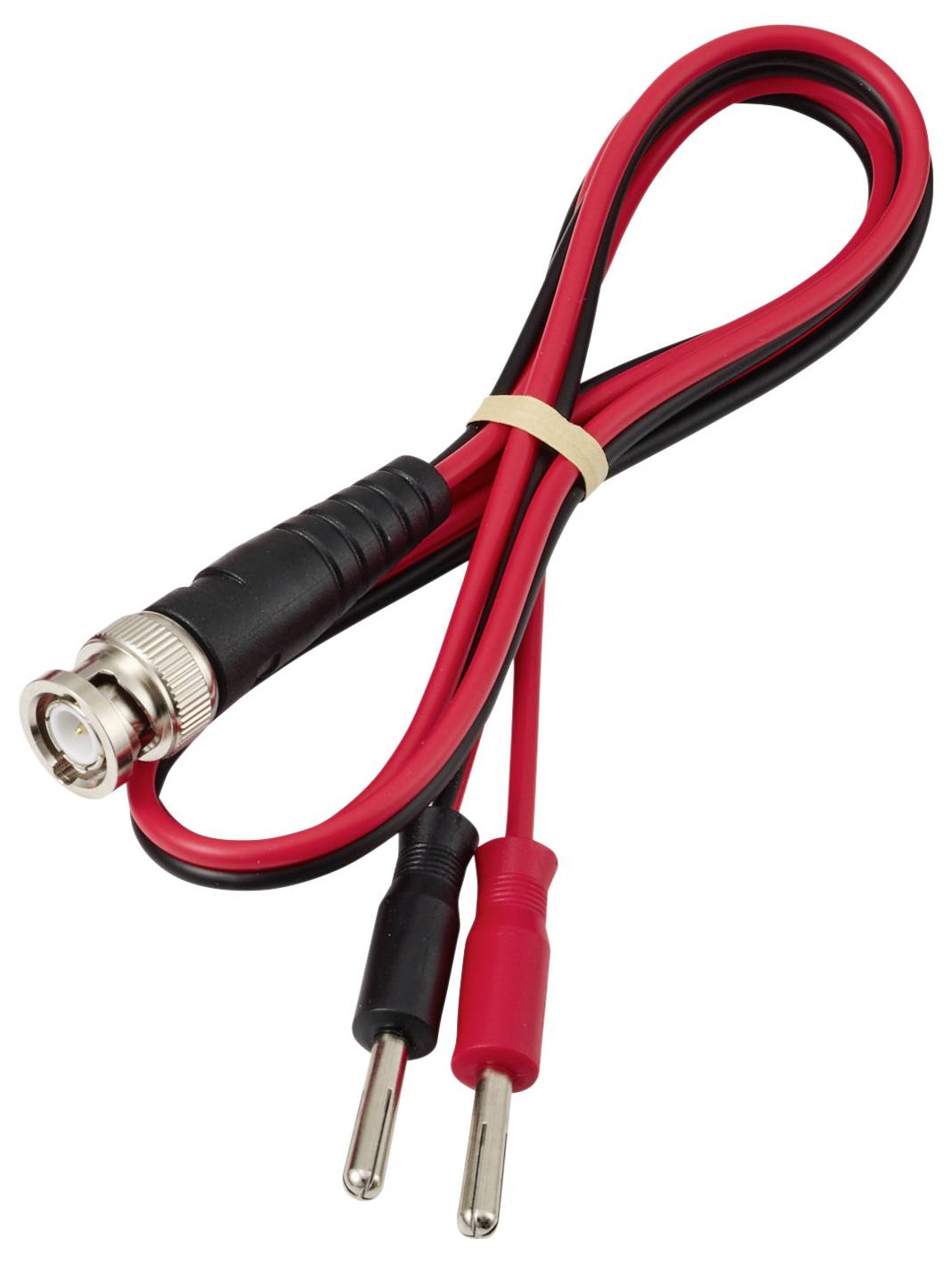 Kabel BNC s duálními banánkovými zástrčkami s červenými a černými vodiči, používaný pro připojení elektronických měřicích přístrojů, jako jsou osciloskopy a multimetry.