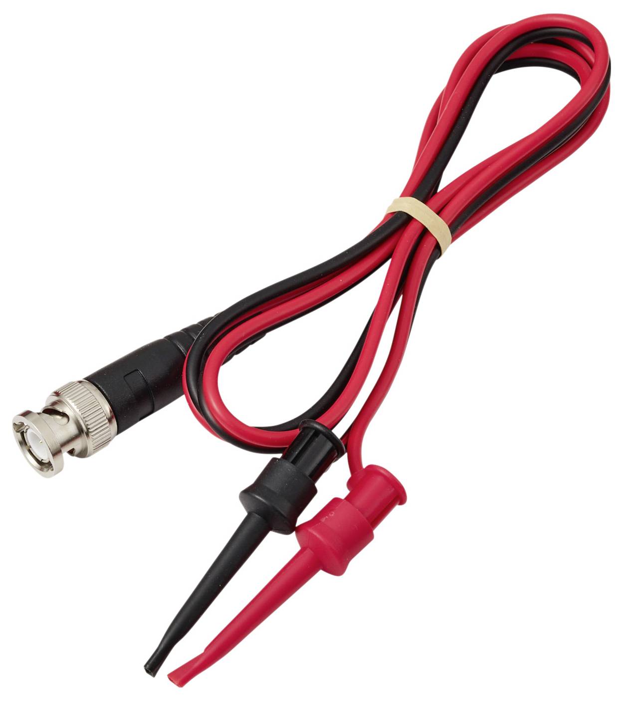 Kabel BNC konektoru s červenými a černými krokosvorkami, používaný pro elektronické testování nebo signálové propojení.