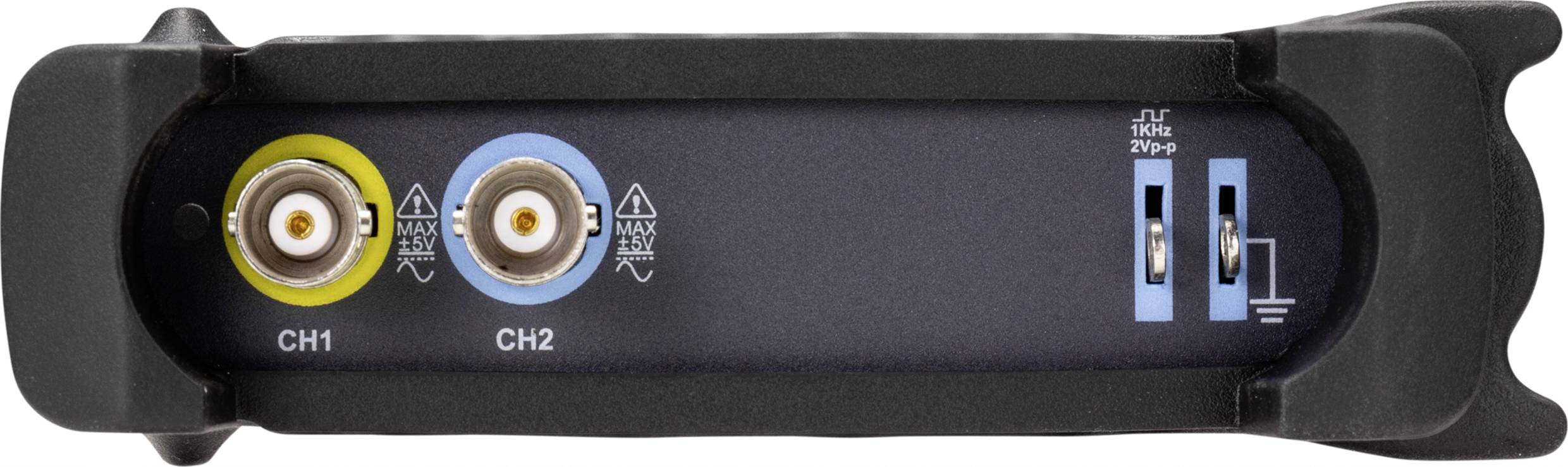 Osciloskop s měřicím zařízením se dvěma kanály, CH1 a CH2, a dvěma USB porty, určené pro měření elektrických signálů a jejich analýzu.