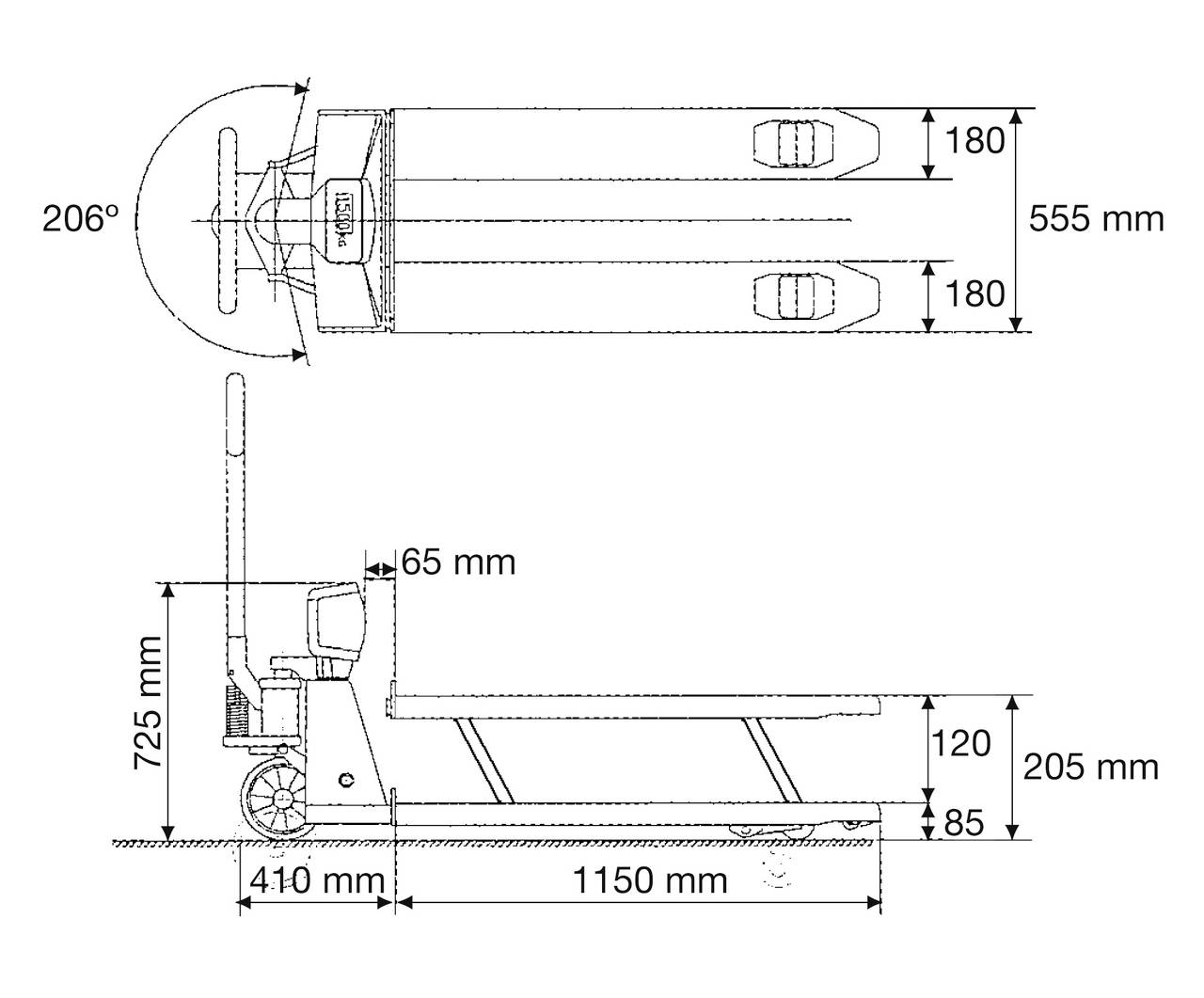 Diagram ručního paletového vozíku s rozměry: délka vidlic 1150 mm, šířka 555 mm, výška 725 mm. Úhel otočení 206°.