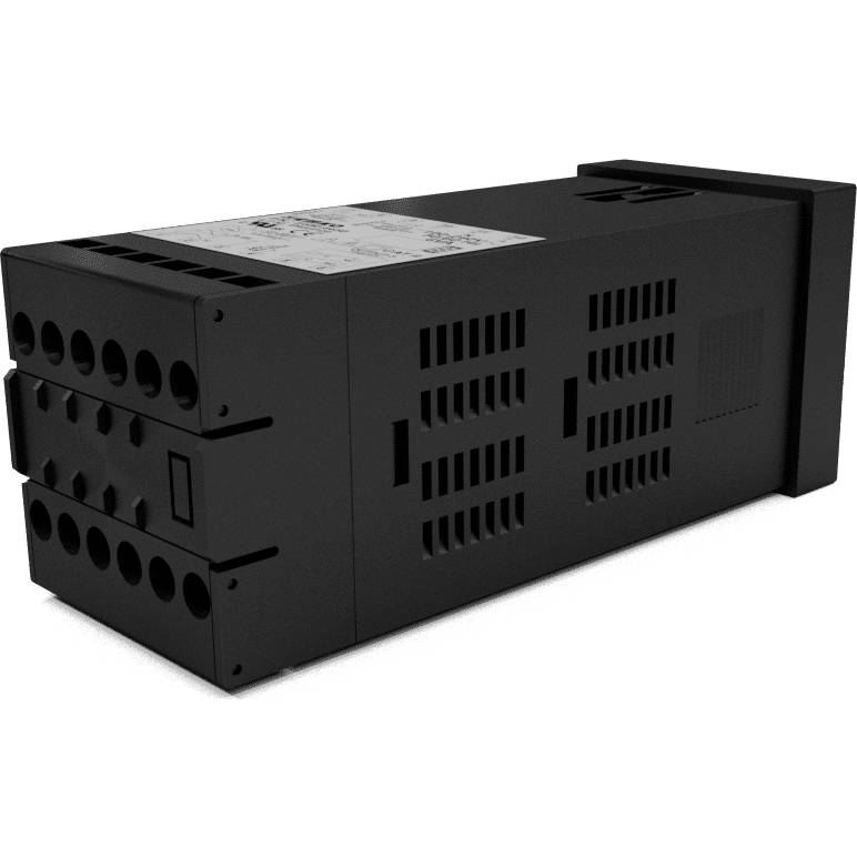 Černé, obdélníkové elektronické zařízení s několika vstupy a větracími otvory, pravděpodobně součást nějakého systému nebo stroje.