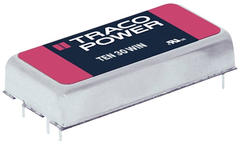 Modul měniče napětí Traco Power TEN 30 WIN se stříbrným pouzdrem, červeným a černým povrchem, zobrazující elektronické konektory.