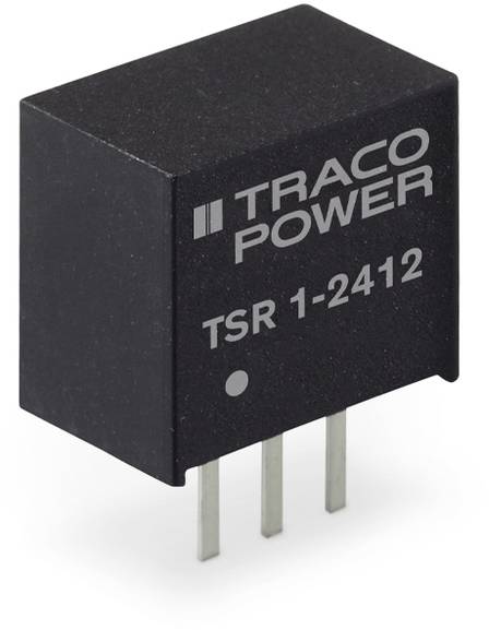 Černý napěťový regulátor od společnosti TRACO Power s označením 'TSR 1-2412', vybavený třemi kovovými svorkami.