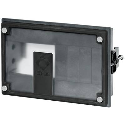 Elektronický zámek s obdélníkovým krytem a ovládacím panelem pro kontrolu vstupu. Mechanismus ovládací páky je viditelný na pravé straně.