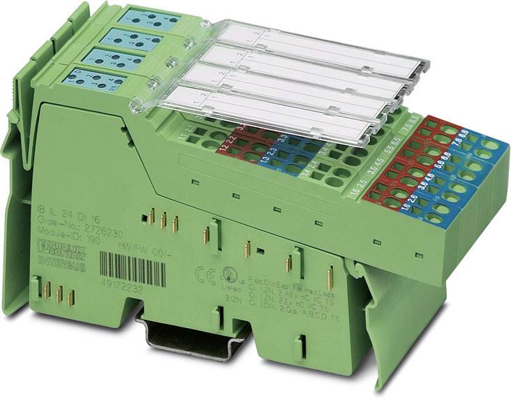 Zelená průmyslová karta s různými konektory a barevně kódovanými, očíslovanými poli pro elektrické obvody.