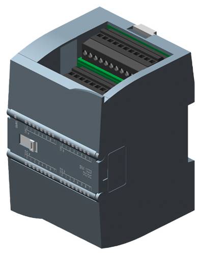 Kompaktní modul PLC s více připojovacími porty na horní straně a indikačními světly na boku, používaný pro automatizační procesy.