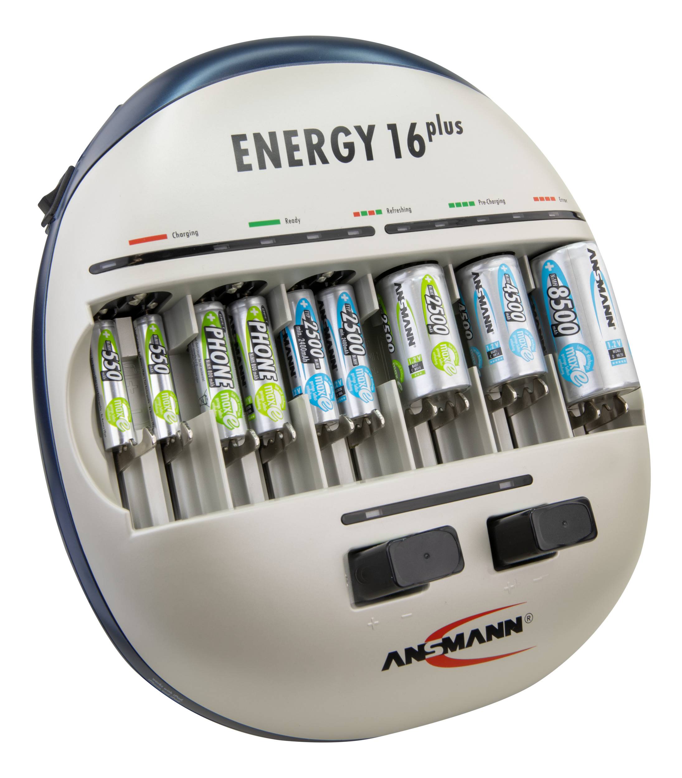 Nabíječ 'Energy 16 plus' se šestnácti akumulátory různých velikostí. Indikátory stavu nabití a kapacity.