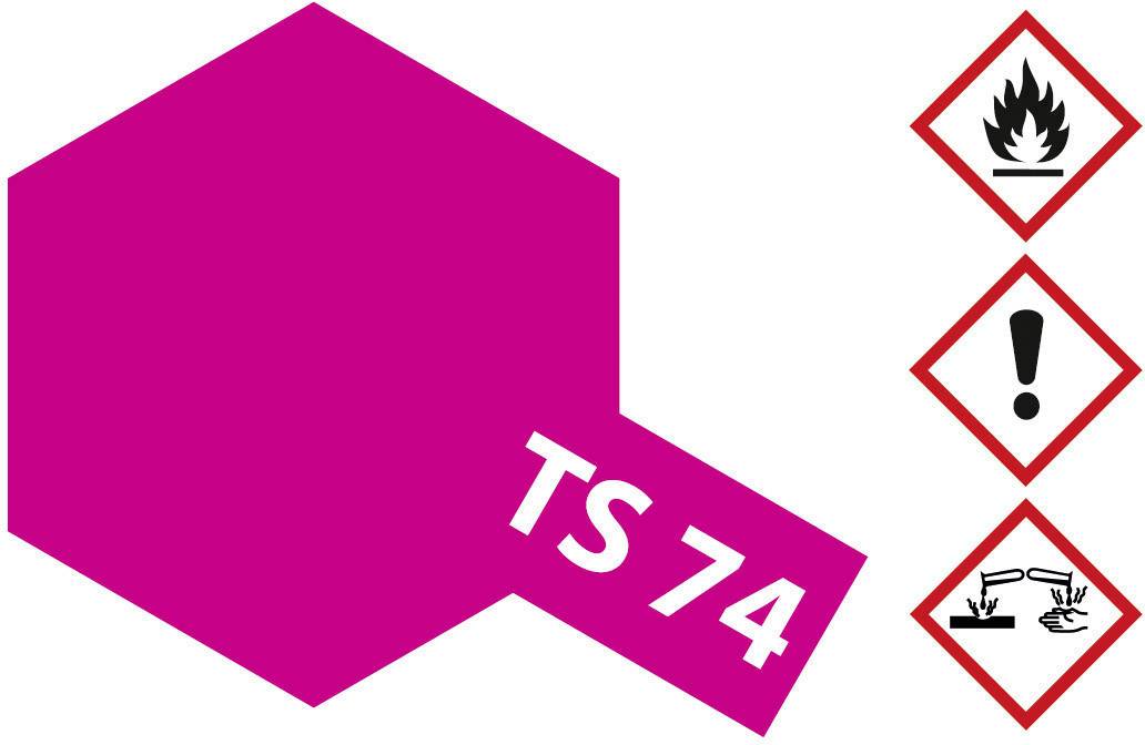 Růžový štítek s nápisem 'TS 74'. Vpravo jsou umístěny tři výstražné symboly: plamen, vykřičník a žíravé látky.