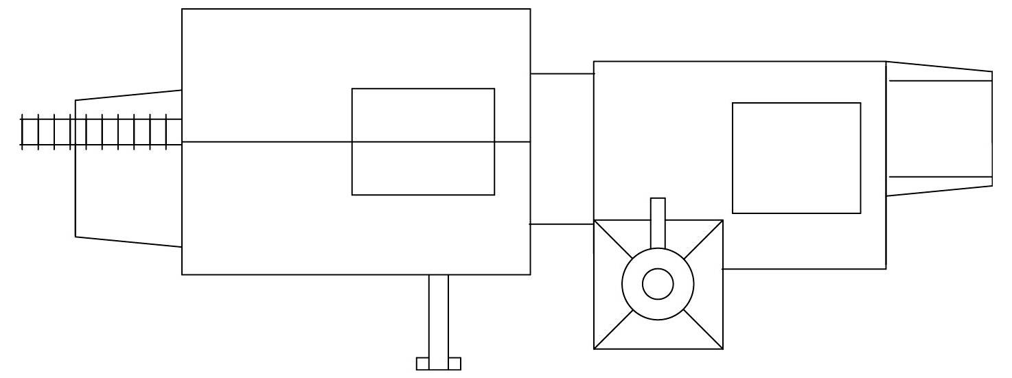 Čárový diagram boxy stroje nebo vozidla v bočním pohledu se dvěma velkými obdélníkovými oddíly, předním prodloužením a kruhovou součástí pod středem.