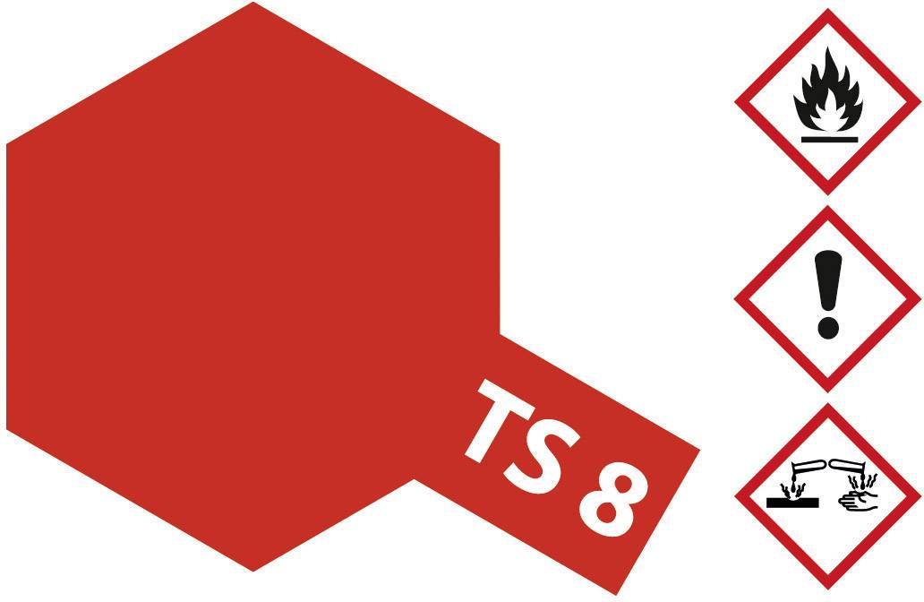 Symbol 'TS 8' vedle tří výstražných symbolů: plamene, vykřičníku a leptavé kapaliny na červeném pozadí.