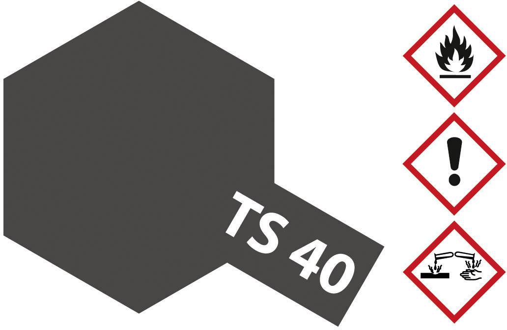 Černý štítek s nápisem 'TS 40'; vedle symboly: plamen (hořlavé), vykřičník (pozor), leptavý účinek (žíravé).