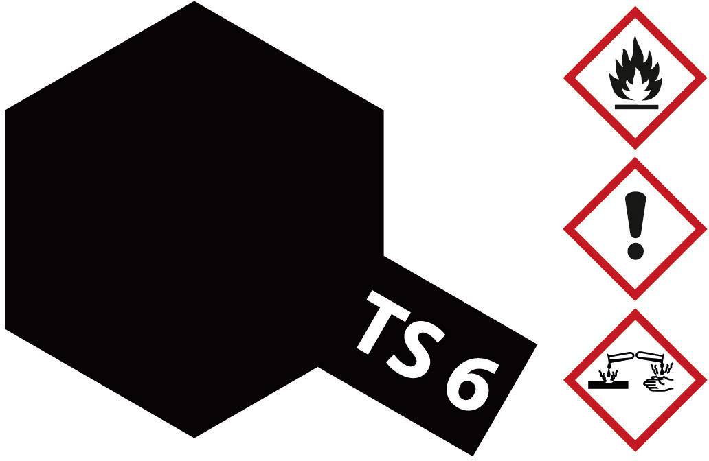 Černý šestiúhelník s nápisem 'TS 6'. Vpravo vedle tři výstražné symboly: plamen (hořlavé), vykřičník (varování), nebezpečí koroze.
