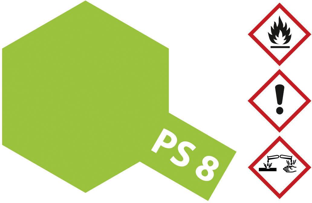 Trojúhelníkový zelený štít s nápisem 'PS 8'. Vedle něj tři výstražné symboly: plamen, vykřičník, žíravé látky.