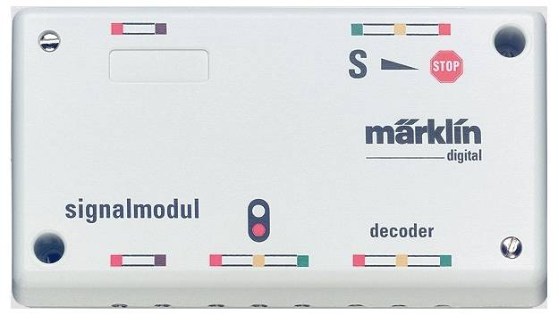 Bílá krabička s nápisem 'Märklin digital', zobrazující ovládací a signální indikátory pro modelové železnice, včetně zastávkového signálu.