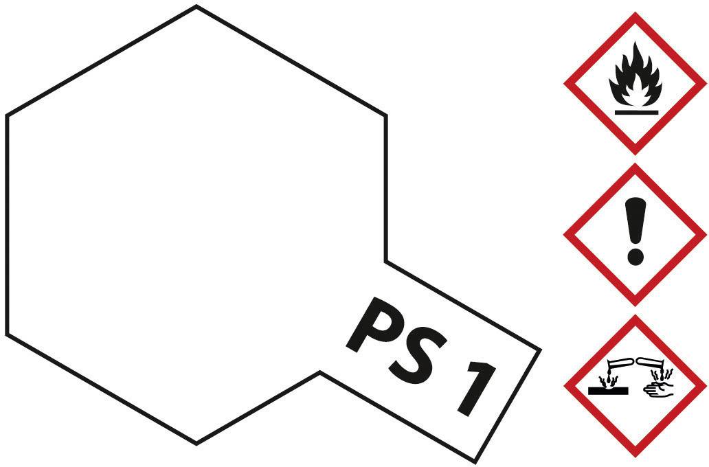 Osmihranný štít s nápisem 'PS 1'. Vedle něj jsou tři výstražné symboly: plamen, vykřičník a žíravá kapalina.