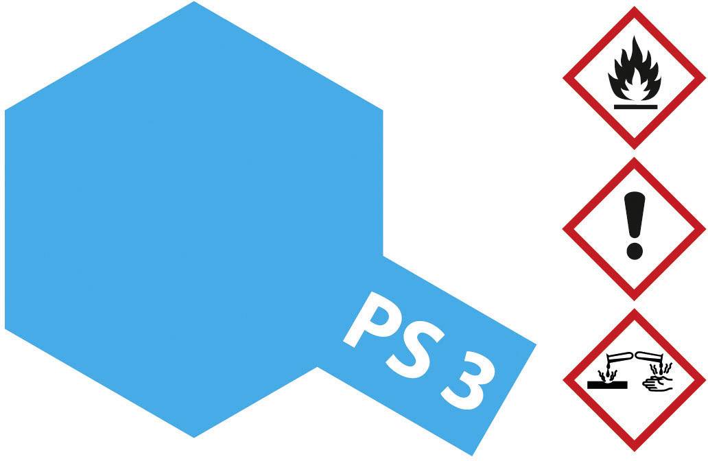 Modrý šestiúhelník s 'PS 3' vpravo dole. Vedle tři výstražné symboly: plamen, vykřičník, leptavá kapalina na ruce.