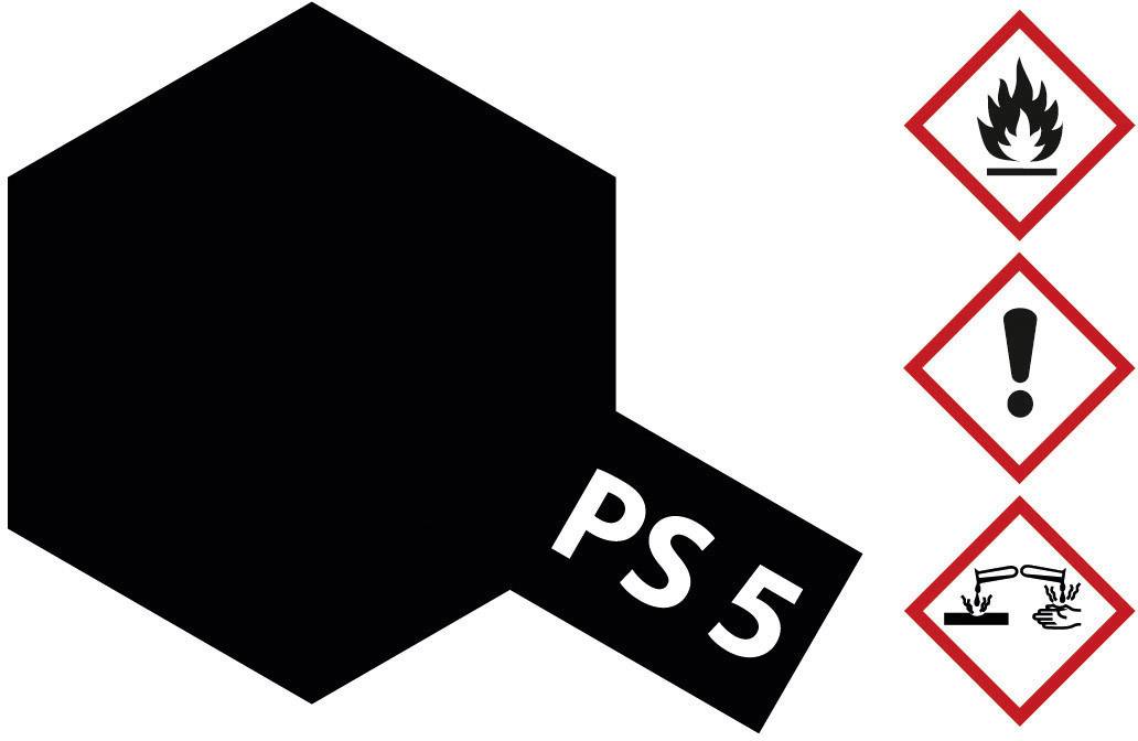 Etiketa "PS 5" se symboly: nahoře plamen pro hořlavé látky, uprostřed vykřičník pro varování, dole kyselina pro žíravé látky.