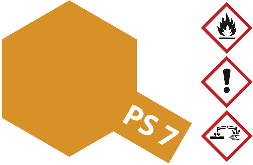Oranžová výstražná tabulka s kódem PS7, vedle tři výstražné symboly: plamen (hořlavé), vykřičník (pozor), a kapalina na ruce (žíravé).
