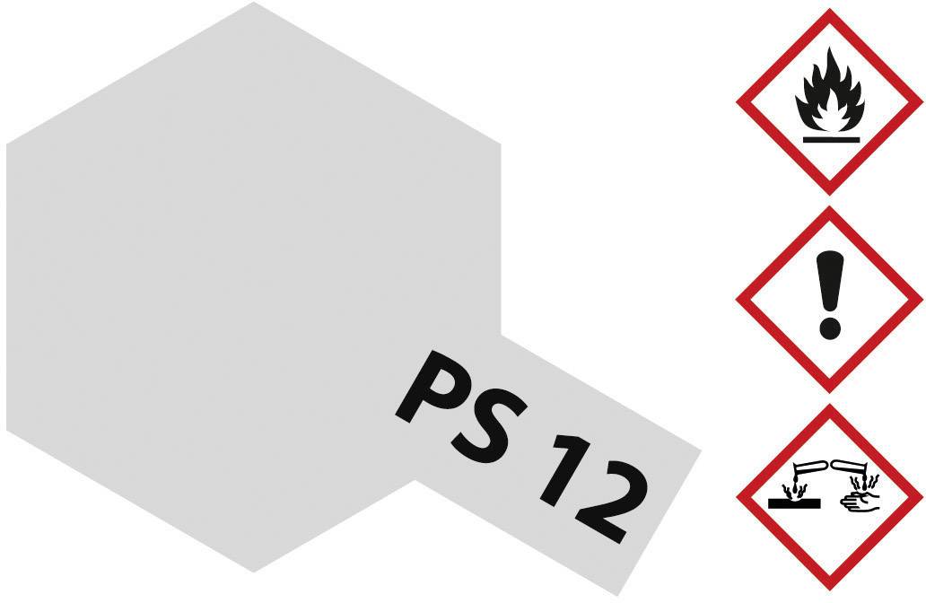 Tři výstražné symboly nebezpečnosti: Plamen, vykřičník, žíravé látky. Štítek s nápisem 'PS 12' na šedém šestiúhelníku.
