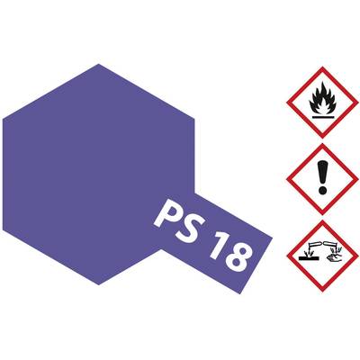 Modrý šestiúhelník s 'PS 18', vedle tři výstražné symboly: plamen, vykřičník, žíravá kapalina. Indikátory chemických nebezpečí.
