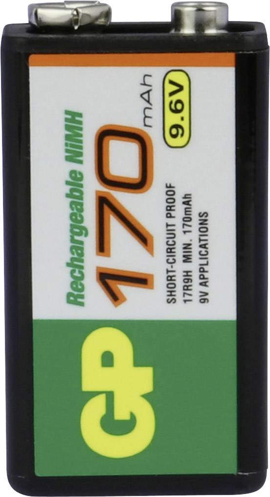 Devítivoltová baterie s kapacitou 170 mAh, dobíjecí a odolná proti zkratu. Označení 'GP', vhodná pro elektronická zařízení.