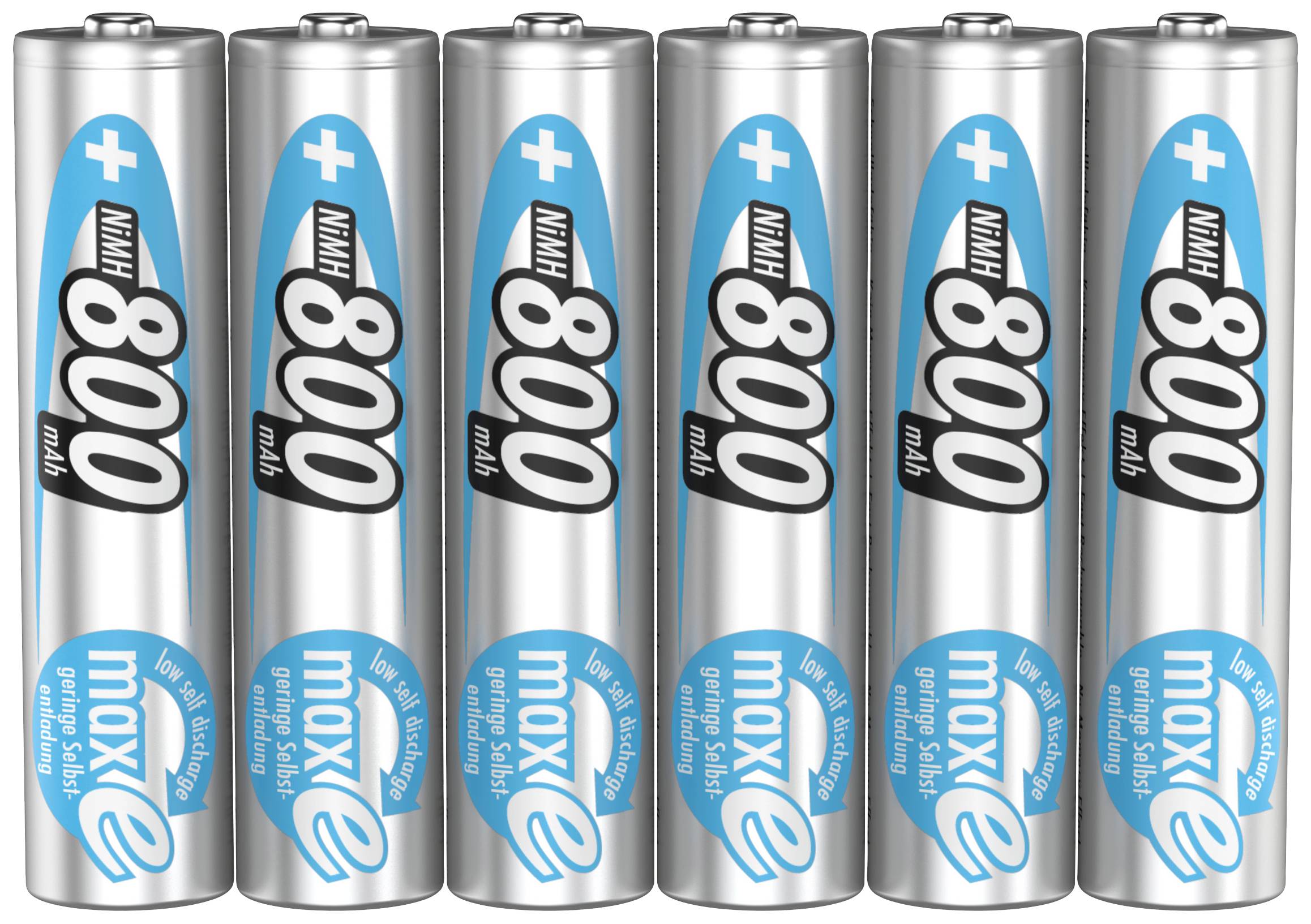 Šest AA baterií umístěných vedle sebe s nápisem „800 mAh" a „max e", vhodných pro dobíjecí zařízení.