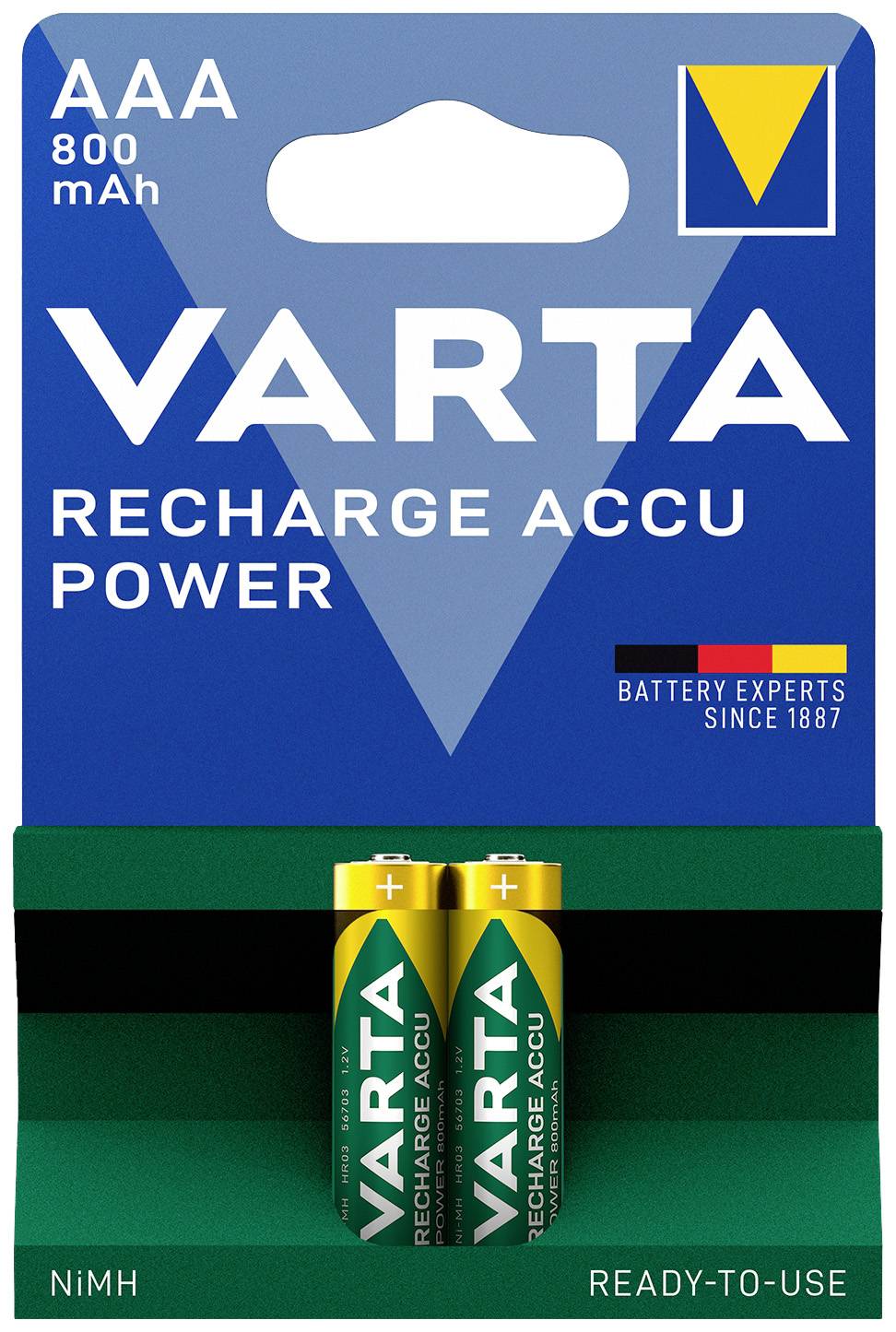 Dvě AAA baterie od Varty v balení s nápisem 'RECHARGE ACCU POWER', 800 mAh.