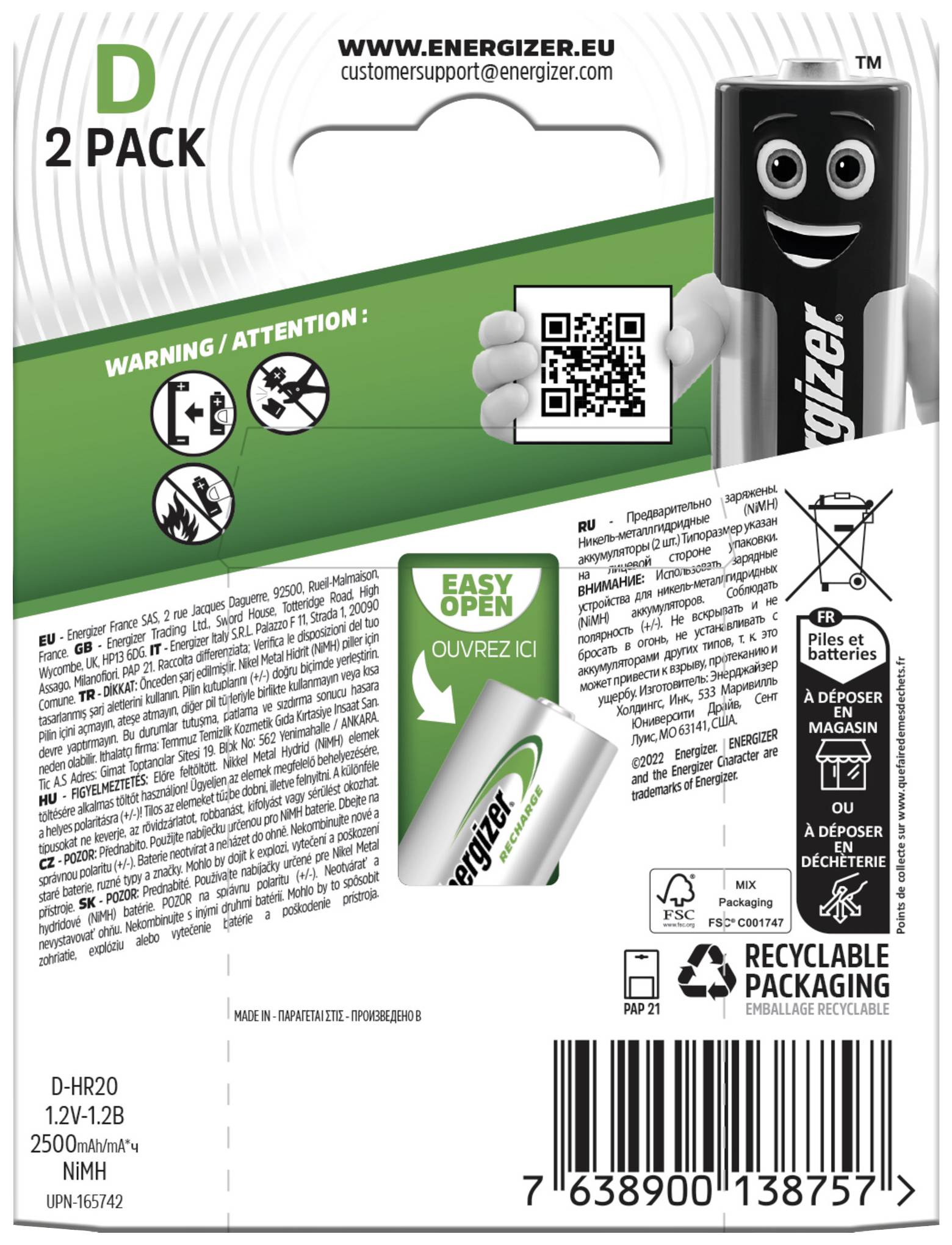 Obal baterií s balením po 2 kusech s pokyny pro snadné otevření, bezpečnostními upozorněními a informacemi o recyklaci; k dispozici QR kód.