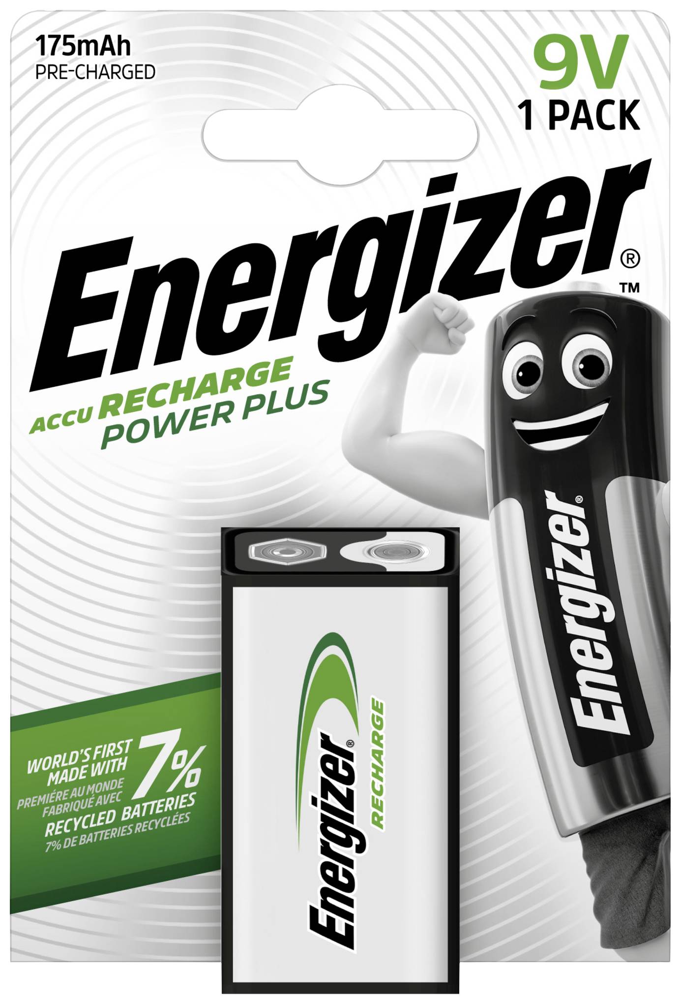Balení s 9V baterií Energizer. Označeno "Energizer ReCharge Power Plus". Obsahuje 7 % recyklovaných baterií. Dobíjí se.