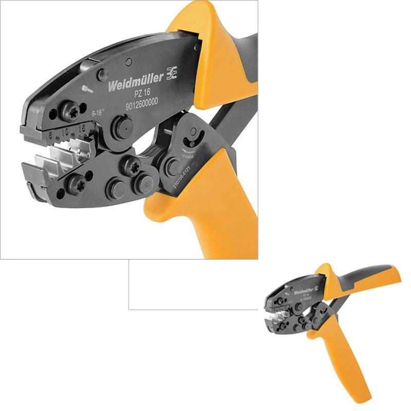 Krimpovací nástroj se žlutou rukojetí, model 'Weidmüller PZ 16', určený pro kabelové spoje. Zobrazena detailní záběr a kompletní pohled.