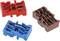 Tři barevné plastové konektory v červené, modré a hnědé barvě na bílém pozadí, zobrazující odlišné uspořádání pinů.
