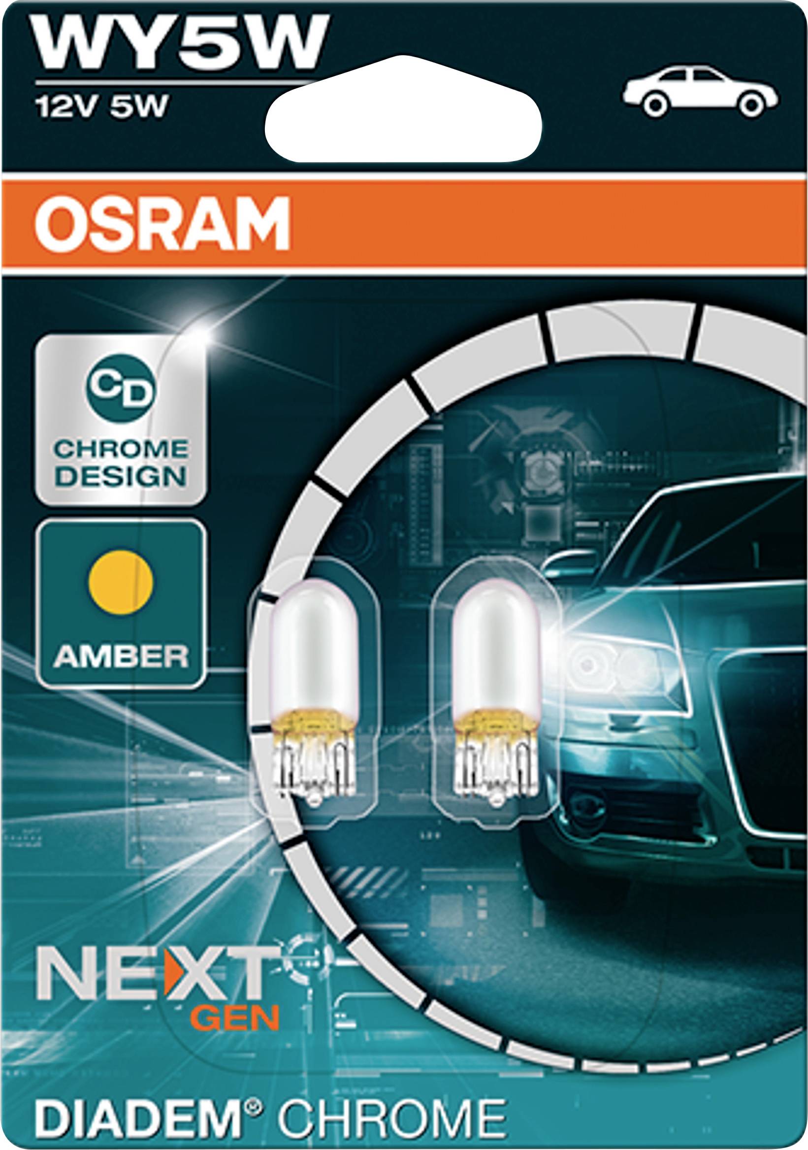 Balení autožárovek Osram WY5W 12V 5W v designu 'Chrome' s barvou 'Amber'. Na obalu jsou vyobrazeny dvě žárovky a v pozadí automobil.