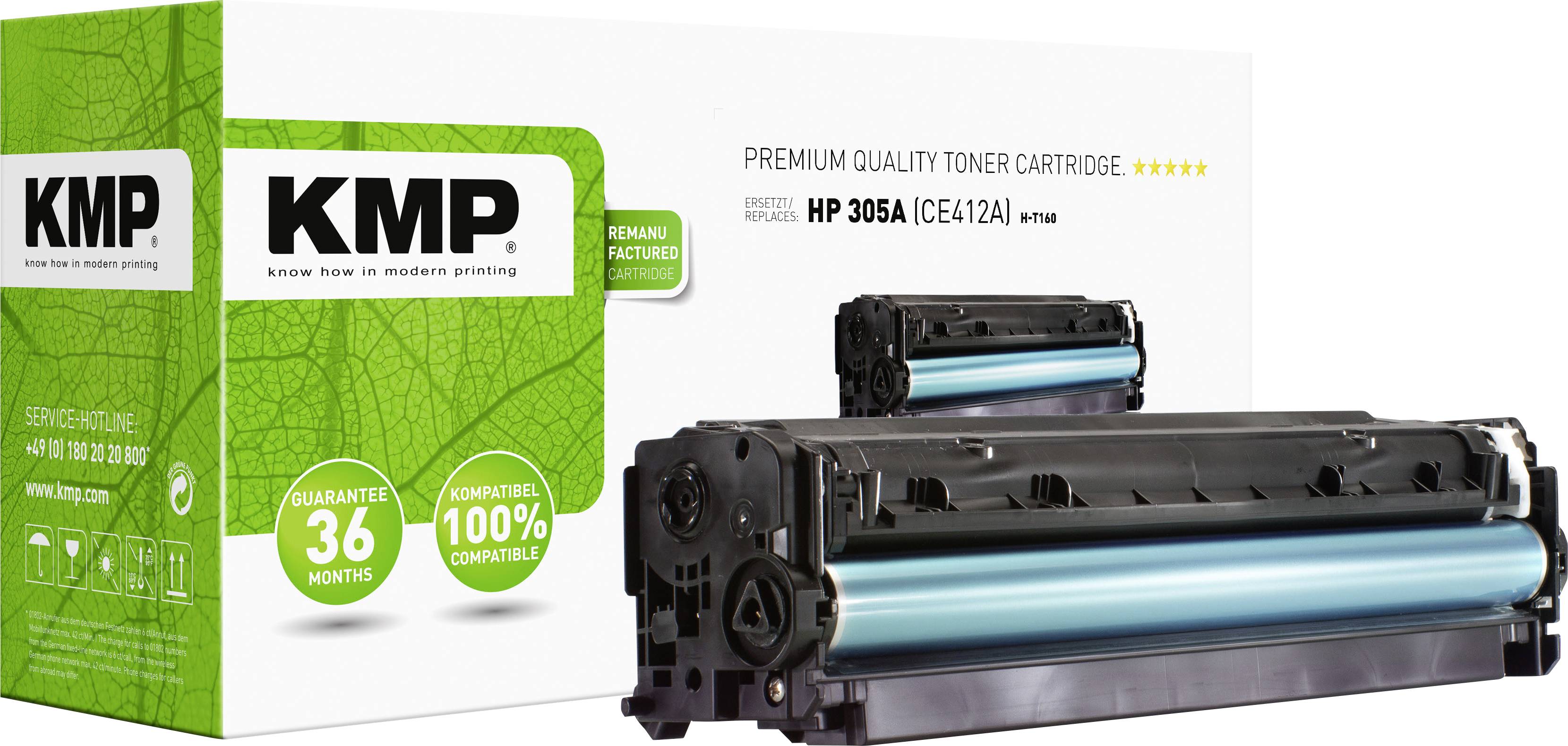 Tonerová kazeta KMP s nápisem 'HP 305A (CE412A)'. Balení zobrazuje záruční pečeť '36 měsíců' a '100% kompatibilní'.