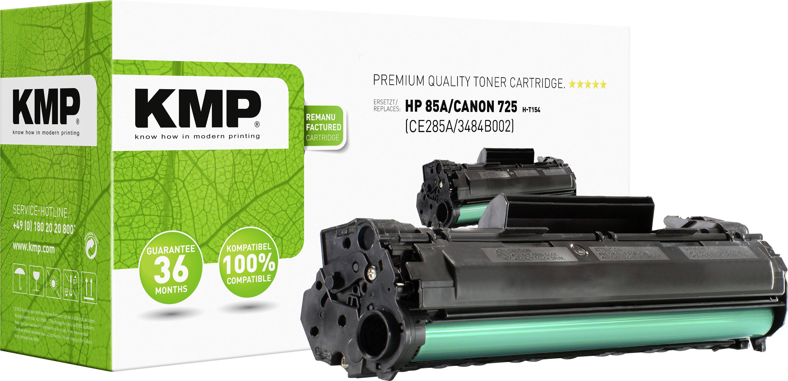 Tonerová kazeta KMP pro HP 85A/Canon 725, záruka 36 měsíců, balení s zelenými designovými prvky, průhledný obal umožňující detailní pohled na kazetu.