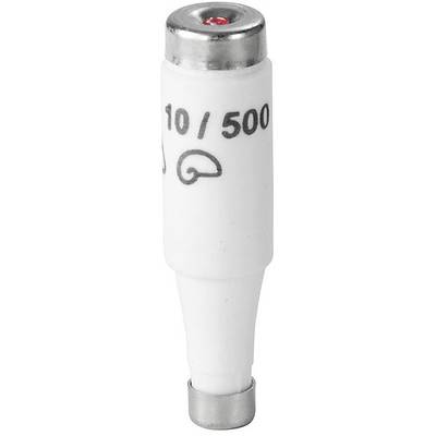 Bílá válcová pojistka s kovovými krytkami, s nápisem 10/500, se spirálovitým symbolem, používaná v elektrických obvodech.