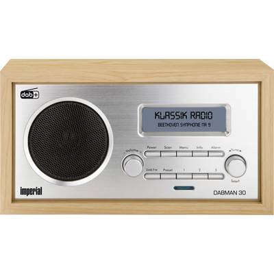 Digitální rádio DAB+ s dřevěným rámečkem zobrazuje na displeji 'KLASSIK RADIO BEETHOVEN SYMFONII Č. 9'. Ovládací prvky pro výběr stanice a nastavení hlasitosti.