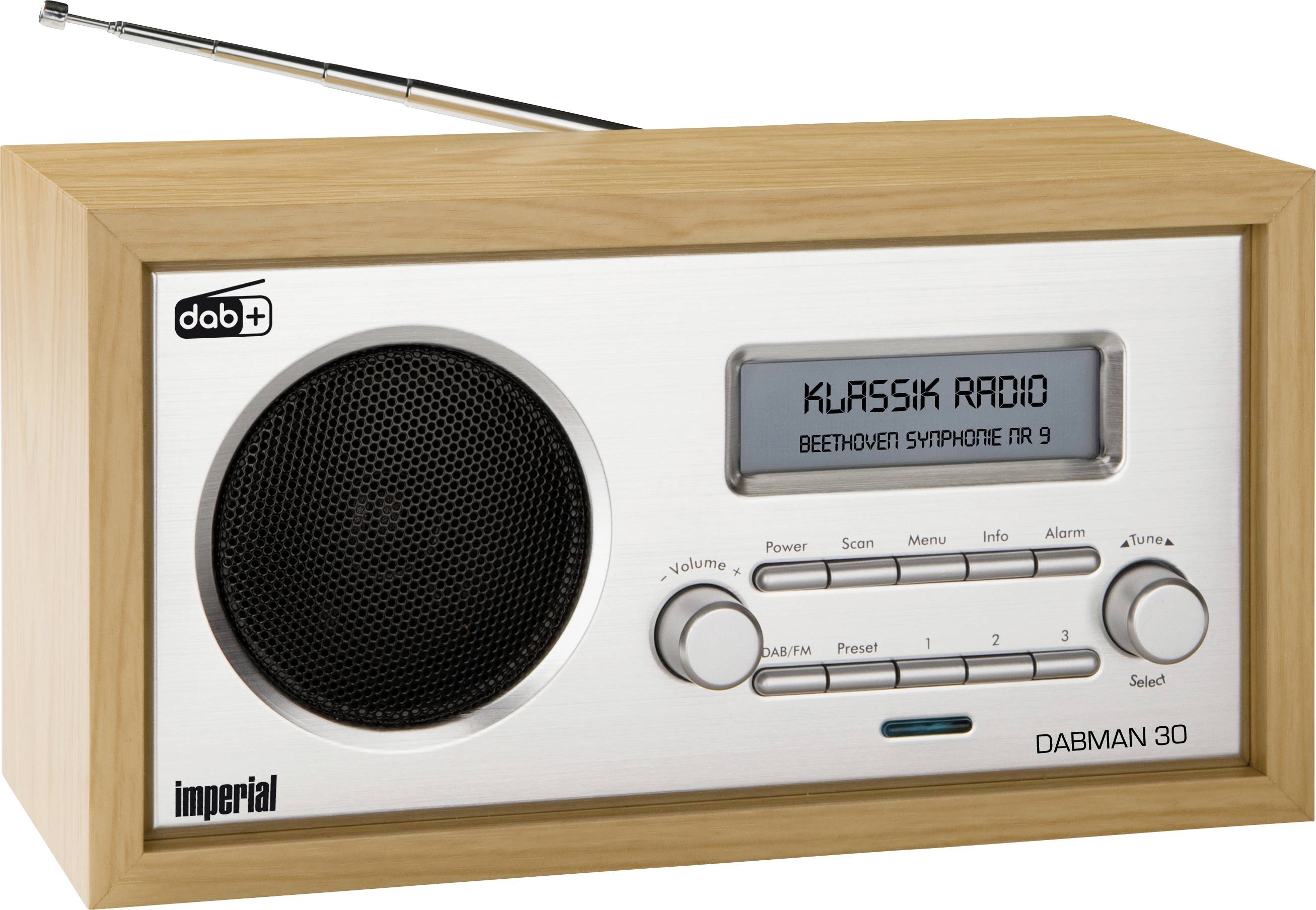 Retro rádio v dekoru dřeva s digitálním displejem zobrazuje 'Klasické rádio: Beethovenova 9. symphonie'. Vlevo reproduktory, vpravo panel s ovládacími tlačítky.