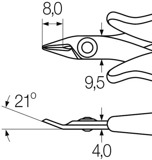 Technický výkres nůžek s rozměry: délka 9,5 cm, úhel ostří 21 stupňů, šířka řezu 8,0 cm, tloušťka rukojeti 4,0 cm.