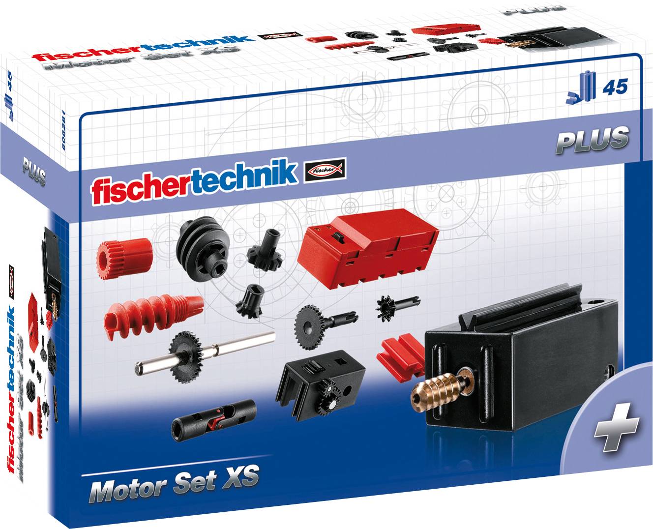 Fischertechnik 'Motor Set XS' balení s vyobrazením součástí, jako jsou ozubená kola, motorový blok a další mechanické komponenty.