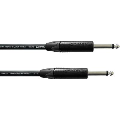 Dva černé konektory pro reproduktorové kabely Neutrik označené 'SPEAKER 2x1,5 MM² HIGHFLEX CLS 215', zobrazené z boku na bílém pozadí.