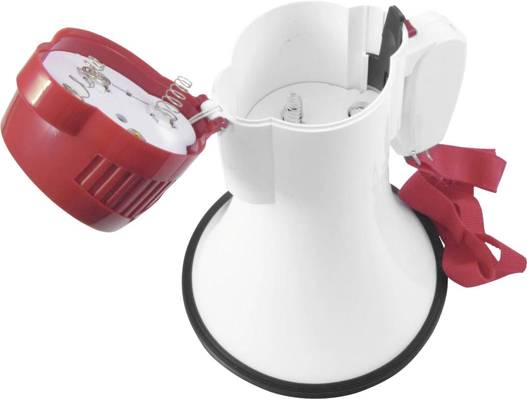 Bílý megafon s červeným víkem a červeným popruhem. Víko je otevřené a odhaluje vnitřní mechanismy.