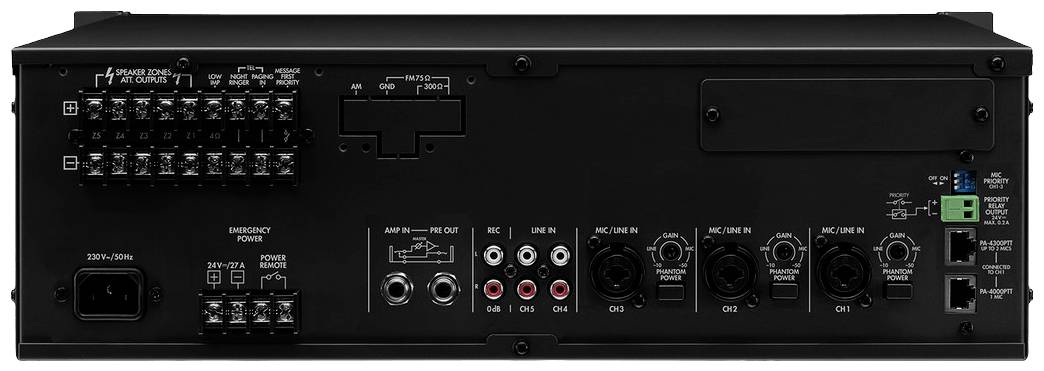 Zadní pohled na elektronické audiovízní zařízení s několika konektory a vstupy, včetně XLR a RCA konektorů.