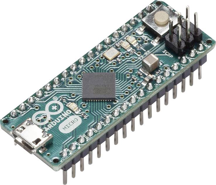 Arduino Micro mikrokontroléru deska s USB konektorem a kolíkovými lištami na bílém pozadí.