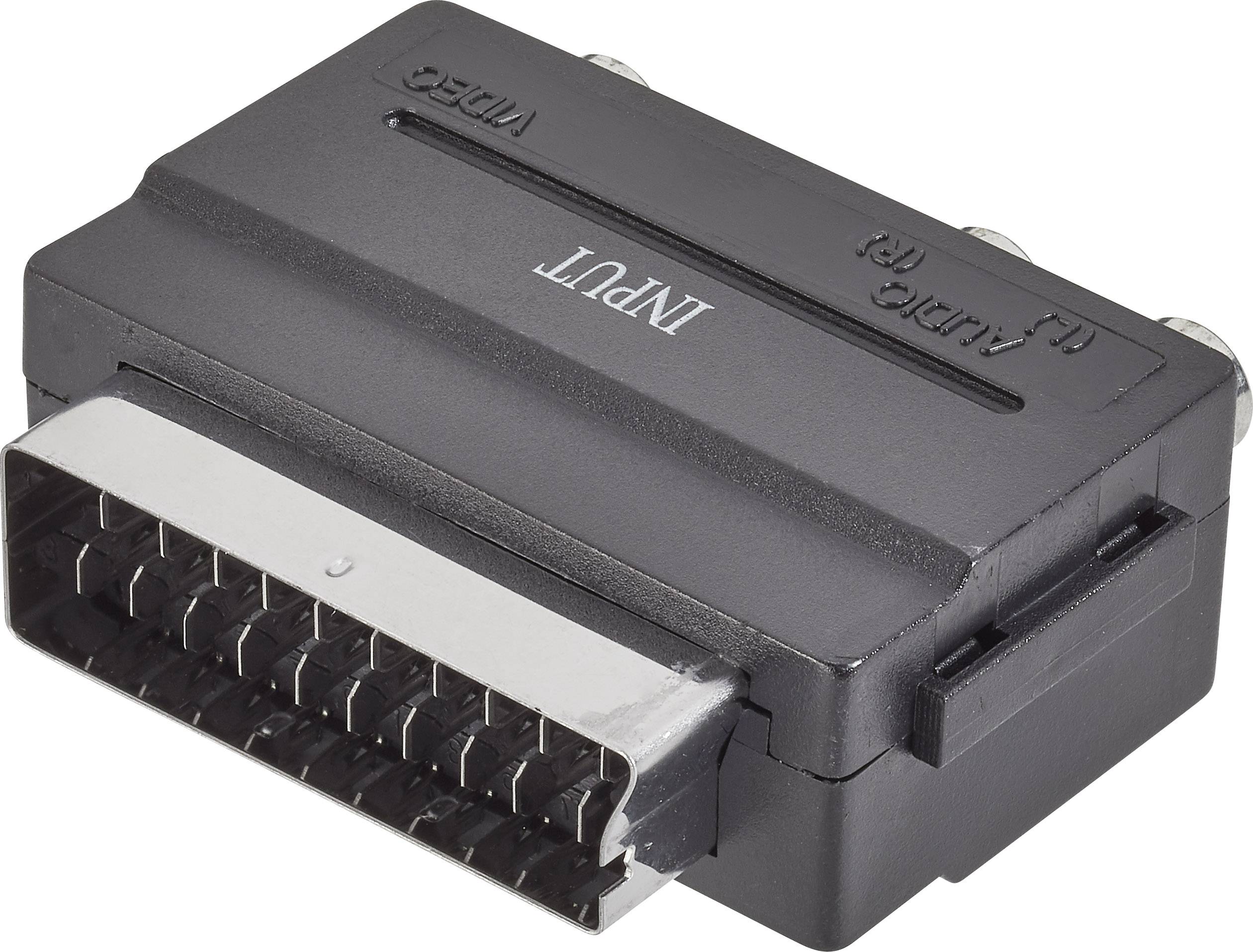 Černý SCART adaptér s nápisem 'INPUT'. Disponuje vstupními a výstupními porty pro RGB a VCR připojení.