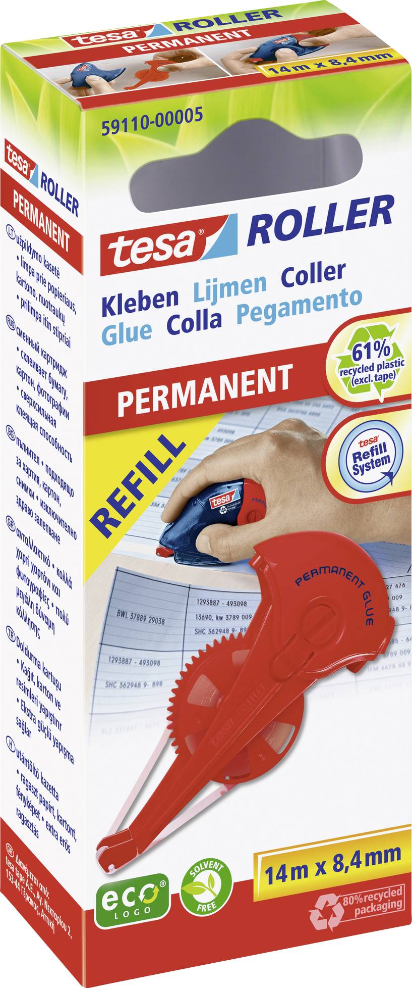 'Lepicí páska Tesa Roller Permanent: Plnitelná, 14m x 8,4mm, 61% recyklovaného plastu, EcoLogo. Obrázek ruky používající roller.'