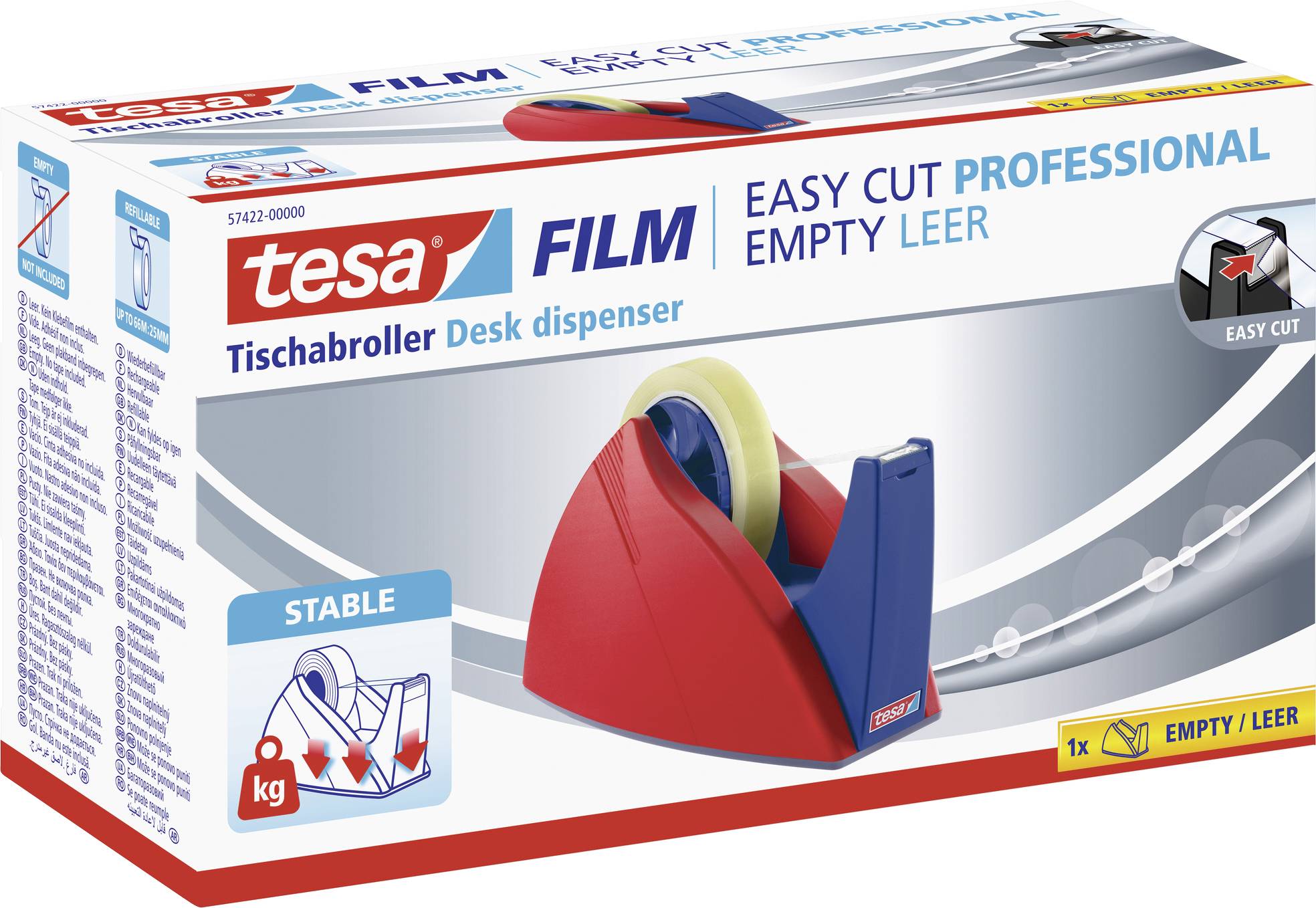 Krabice zobrazuje stolní odvíječ pásky Tesa, stabilní a prázdný, v červené a modré barvě. Vhodný pro kancelářské použití. Nápis 'Easy Cut Professional' je zvýrazněn.
